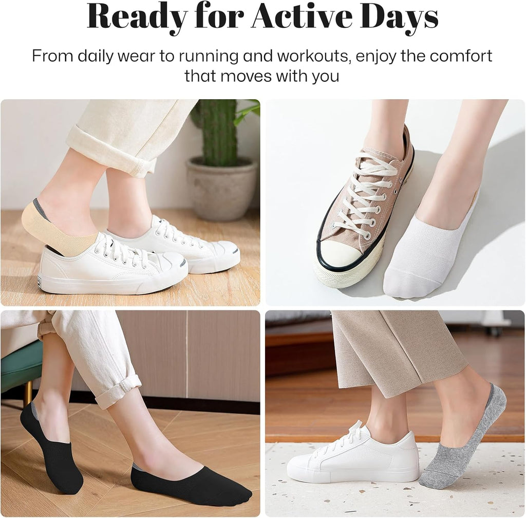 No Show Socks Women Low Cut Ankle Socks Non Slip 4/8 Pairs | Thin Flat Boat Line Short Socks with Silicone Heel Grips, Breathable Combed Cotton, Invisible Socks,Size 5-14